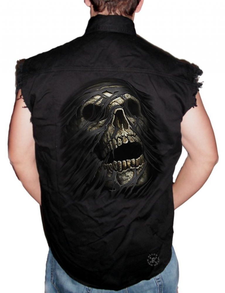 Skull Tear Sleeveless Denim Shirt | Back Alley Wear