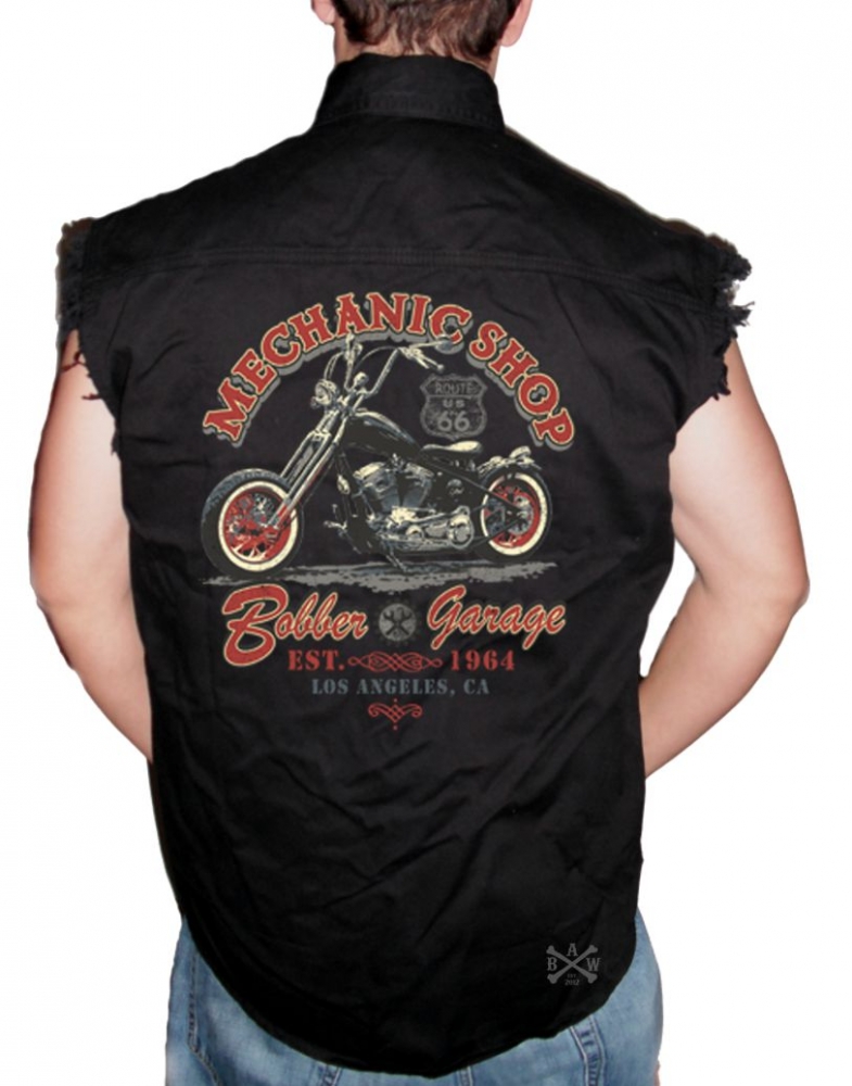 Mechanic Shop Bobber Garage Sleeveless Denim Shirt | Back Alley Wear